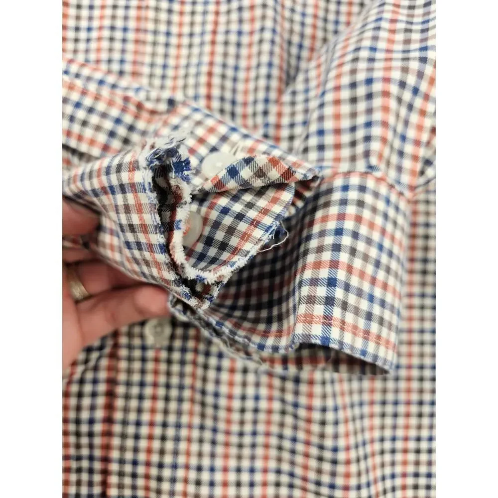 Orvis size large L men's long sleeve orange blue checked button up work casual ^